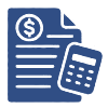 Blue document with dollar symbol and calculator, suggesting financial calculations.
