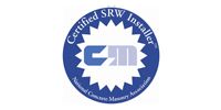 A circular blue seal for a Certified SRW Installer from the National Concrete Masonry Association with a CM logo.