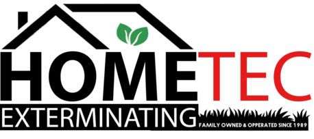 HomeTec exterminating logo with house outline, green leaves, and grass; text in black and red.