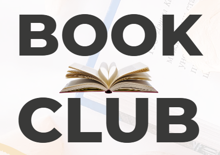 A book club logo with an open book in the middle