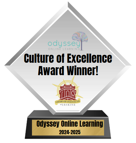 Award trophy for Odyssey Online Learning, with logos and Culture of Excellence Award Winner text, and the years 2024-2025.