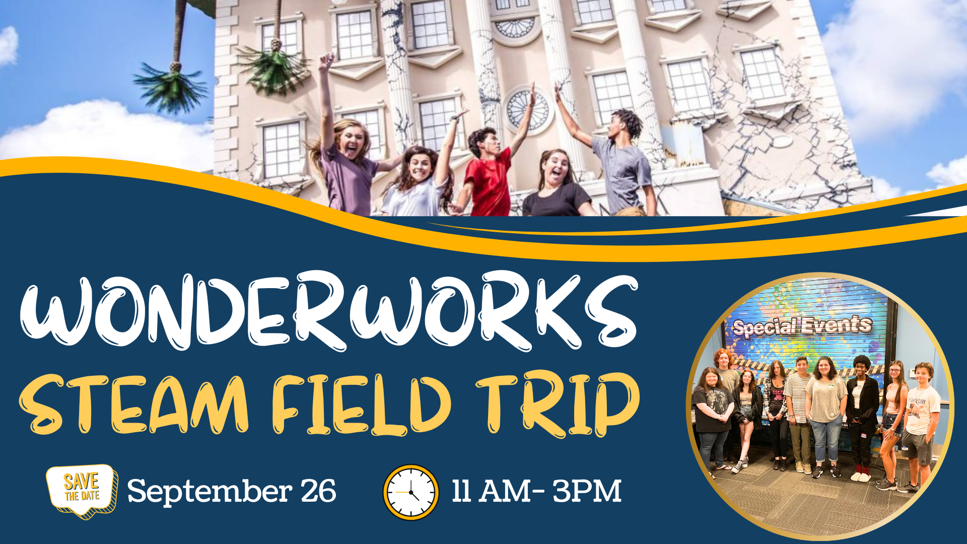 A logo for stem day with gears and a beaker