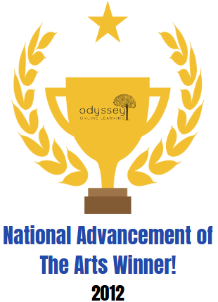 Gold trophy with laurel wreath, star, and text National Advancement of The Arts Winner! 2012.
