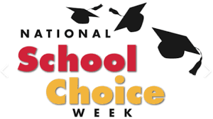 A logo for national school choice week with a graduation cap
