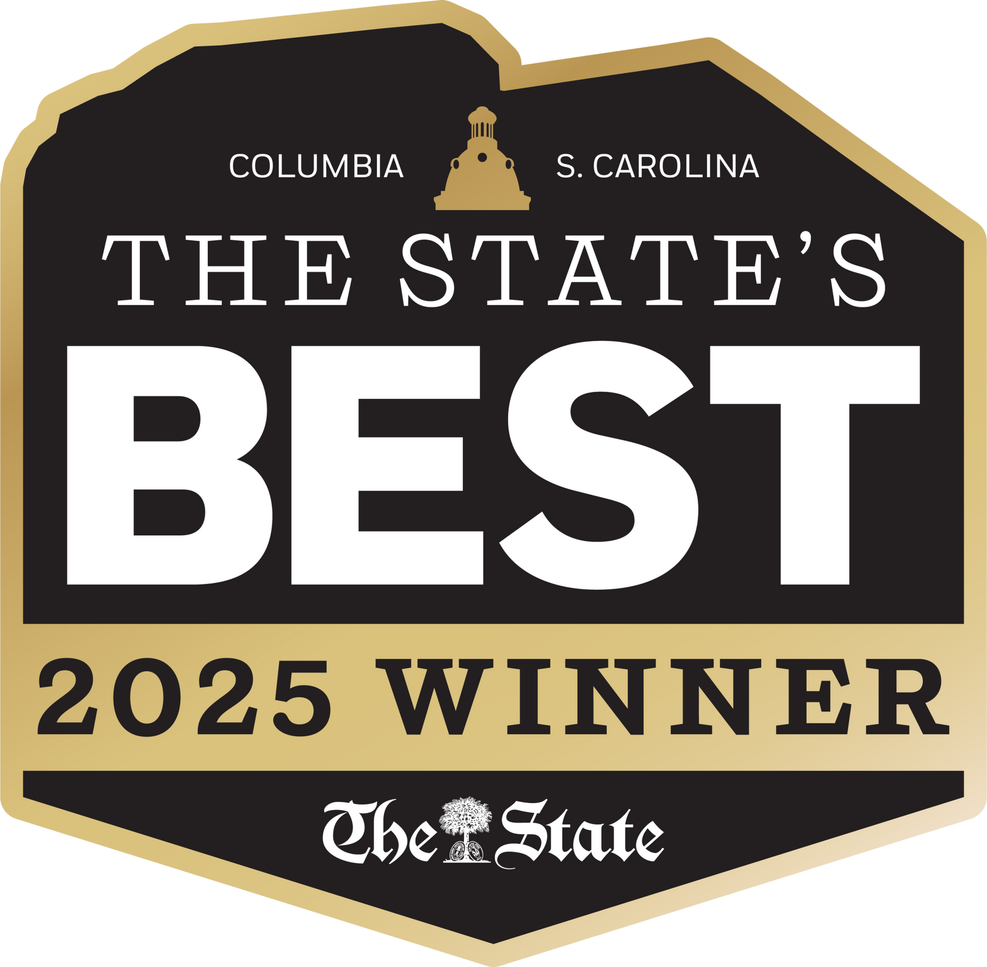 Award badge The State's Best 2025 Winner  from The State newspaper, Columbia, S.C., with black, gold, and white design.