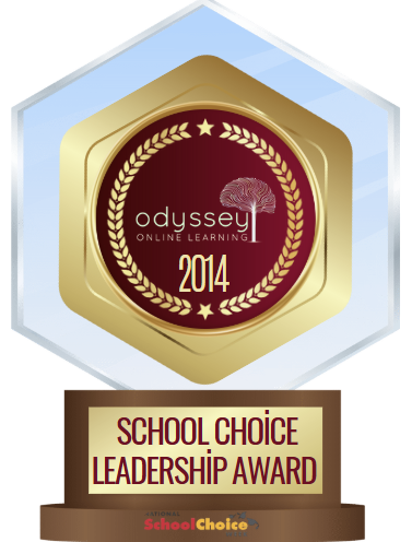 Odyssey Online Learning award gold and maroon emblem with 2014 and School Choice Leadership Award.