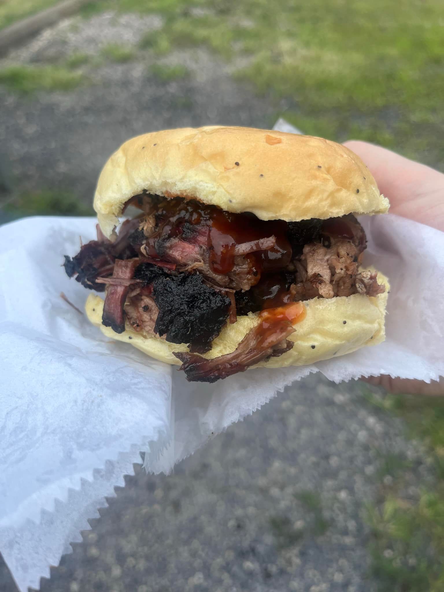 A person is holding a sandwich on a piece of paper.