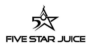 A black and white logo for five star juice with a star and a drop of liquid.