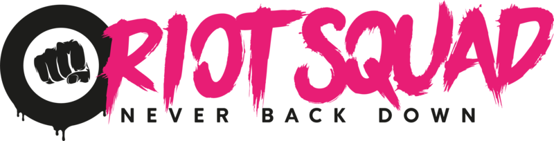 The logo for riot squad never back down is pink and black
