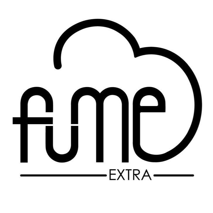 A black and white logo for fume extra with a cloud in the middle.