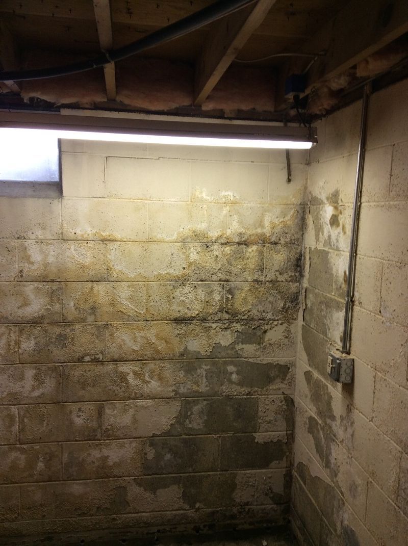 A basement with brick walls and a light on the ceiling.