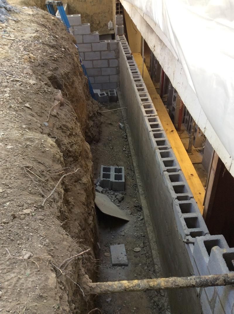 A brick wall is being built in a hole in the ground.