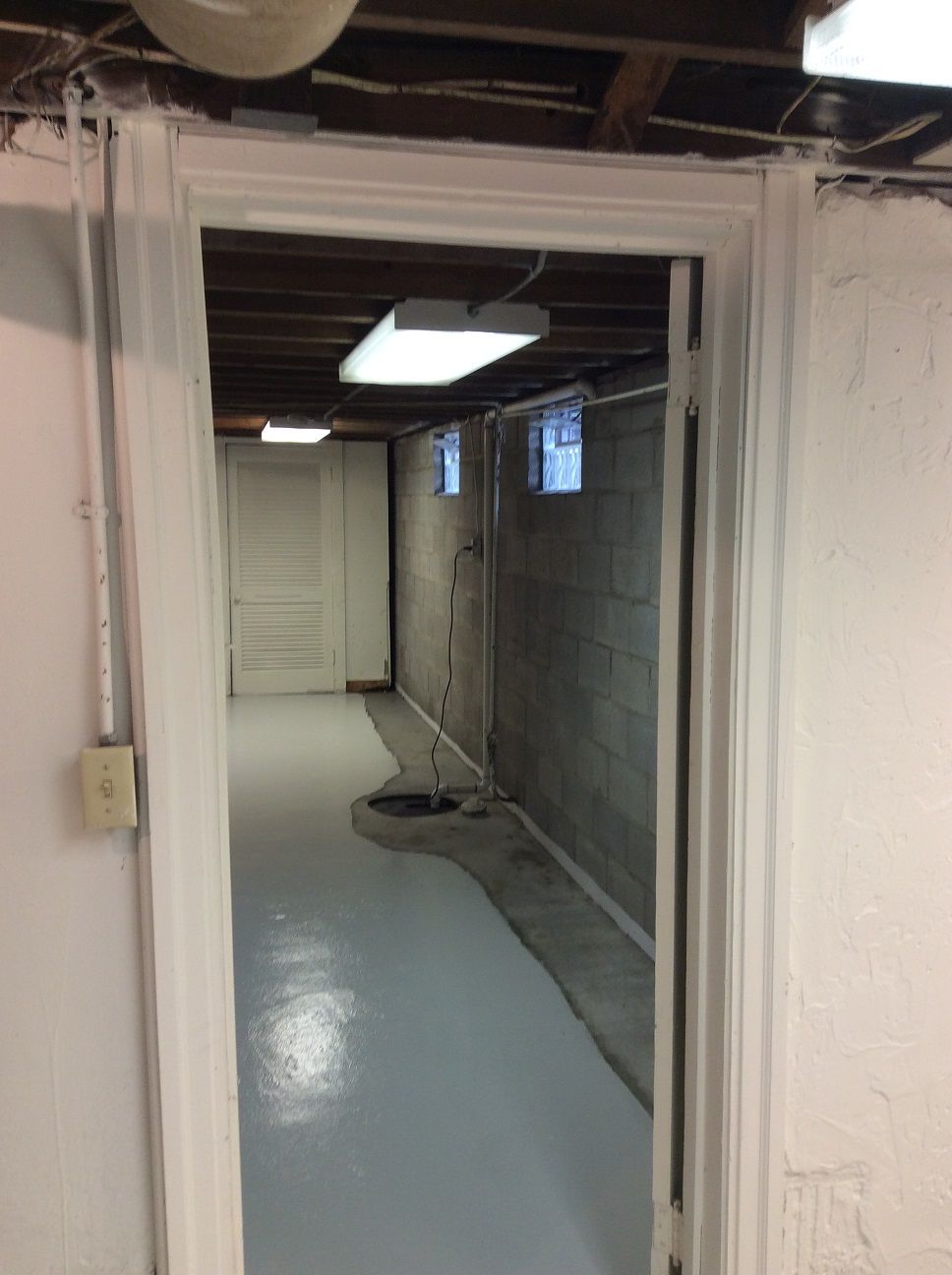 A doorway in a basement leading to a brick wall.