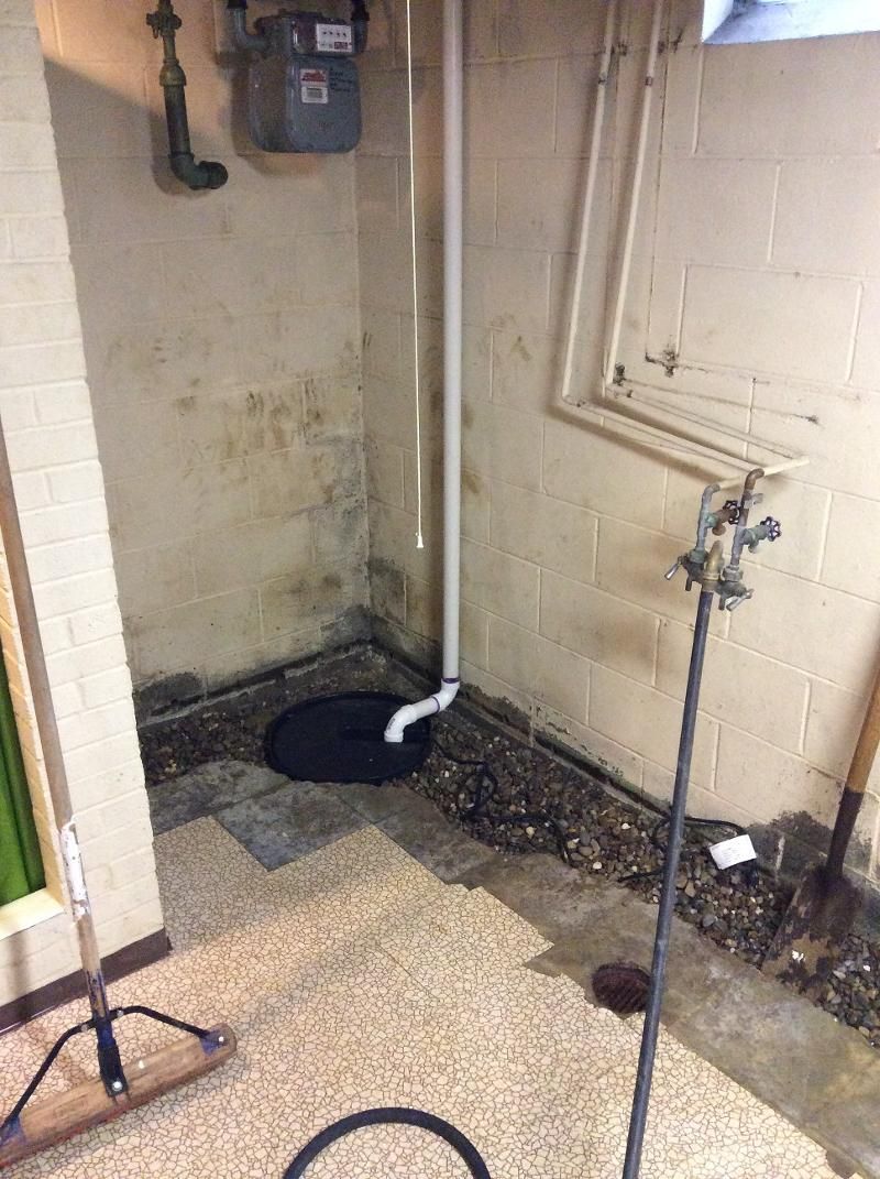 A dirty basement with a hose and a mop.