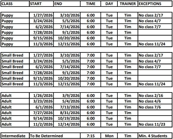 A table detailing dog training class schedules; includes class type, start/end dates, time, day, trainer, and exceptions.