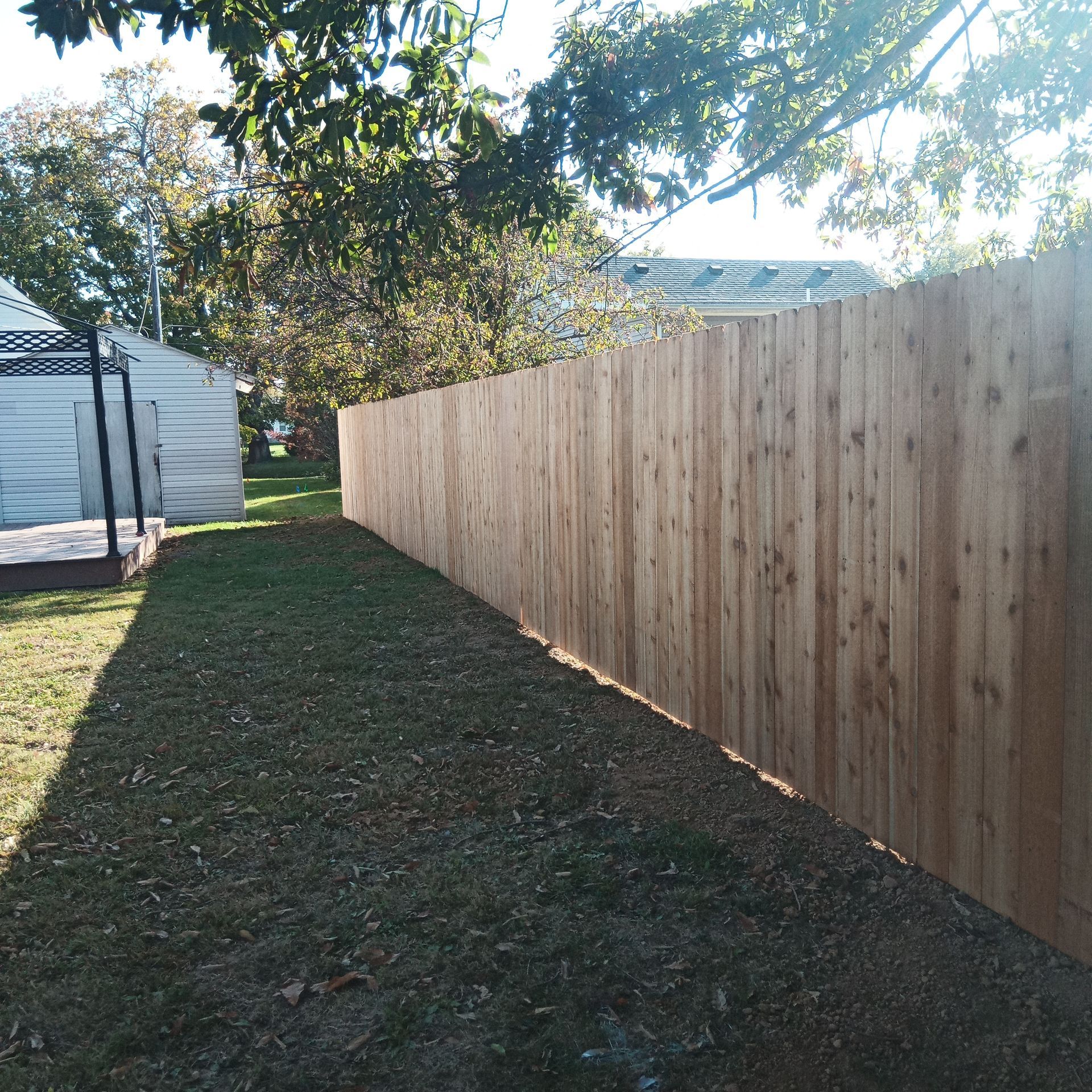 Wooden fence in backyard, next to grass. Trees and a house visible in the background. Sunny day.