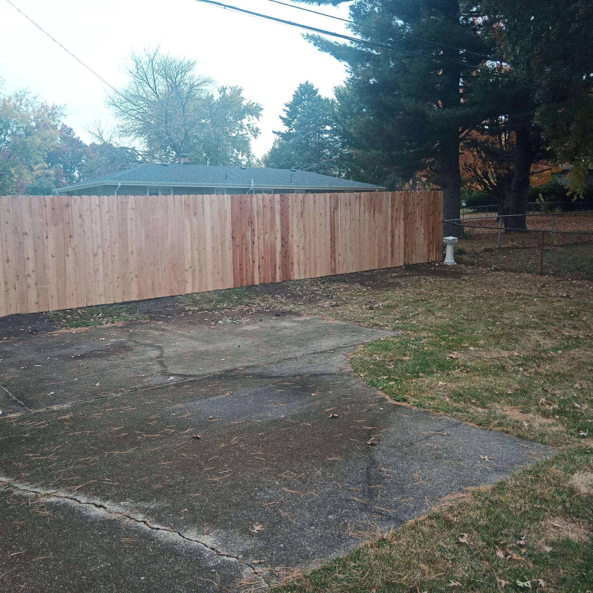 Wooden fence along the edge of a cracked, gray concrete driveway, with some grass and trees visible.