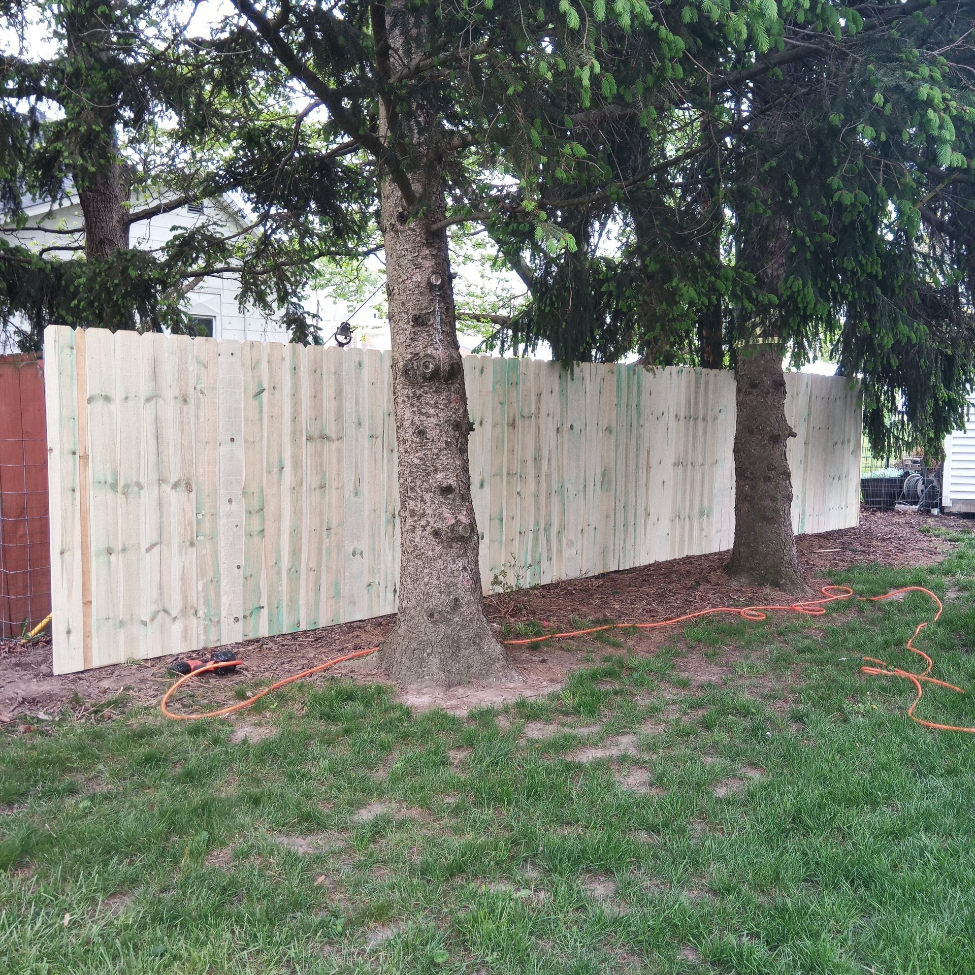 A wooden fence, constructed between trees, borders a grassy yard, under a partly cloudy sky.