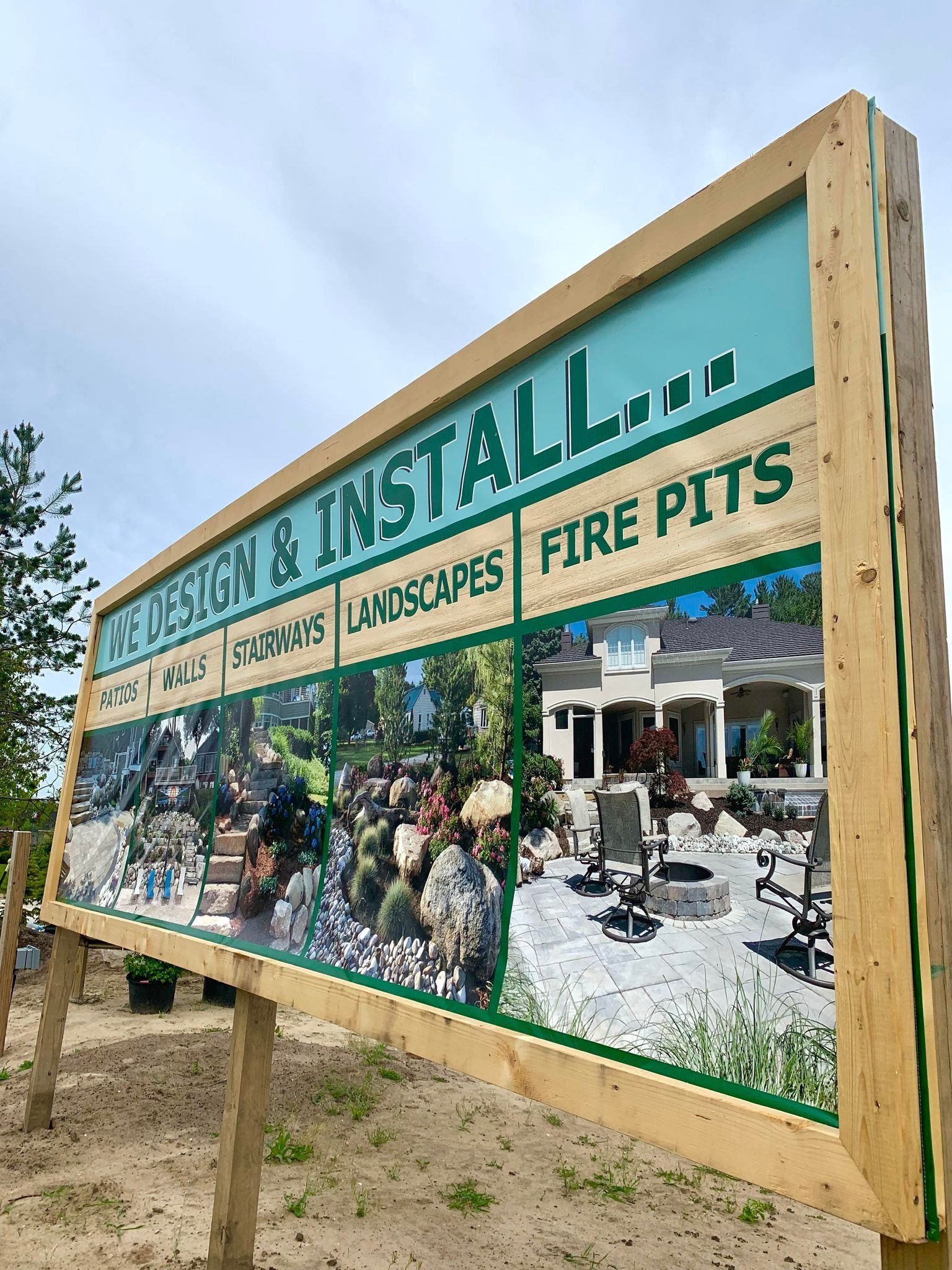 Sign for landscape design company with examples: Fire pits, landscapes, and water features.