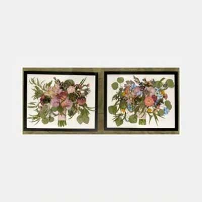 Two framed floral arrangements. One with pink hues, the other with blue, on a white background.