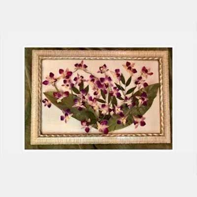 Framed pressed flowers: purple orchids with green leaves in a gold-framed display.