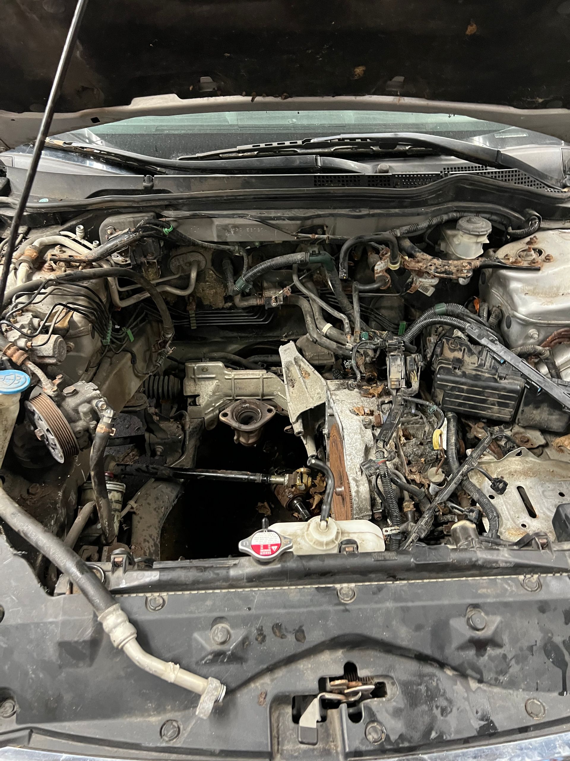 The hood of a car is open and the engine is visible.