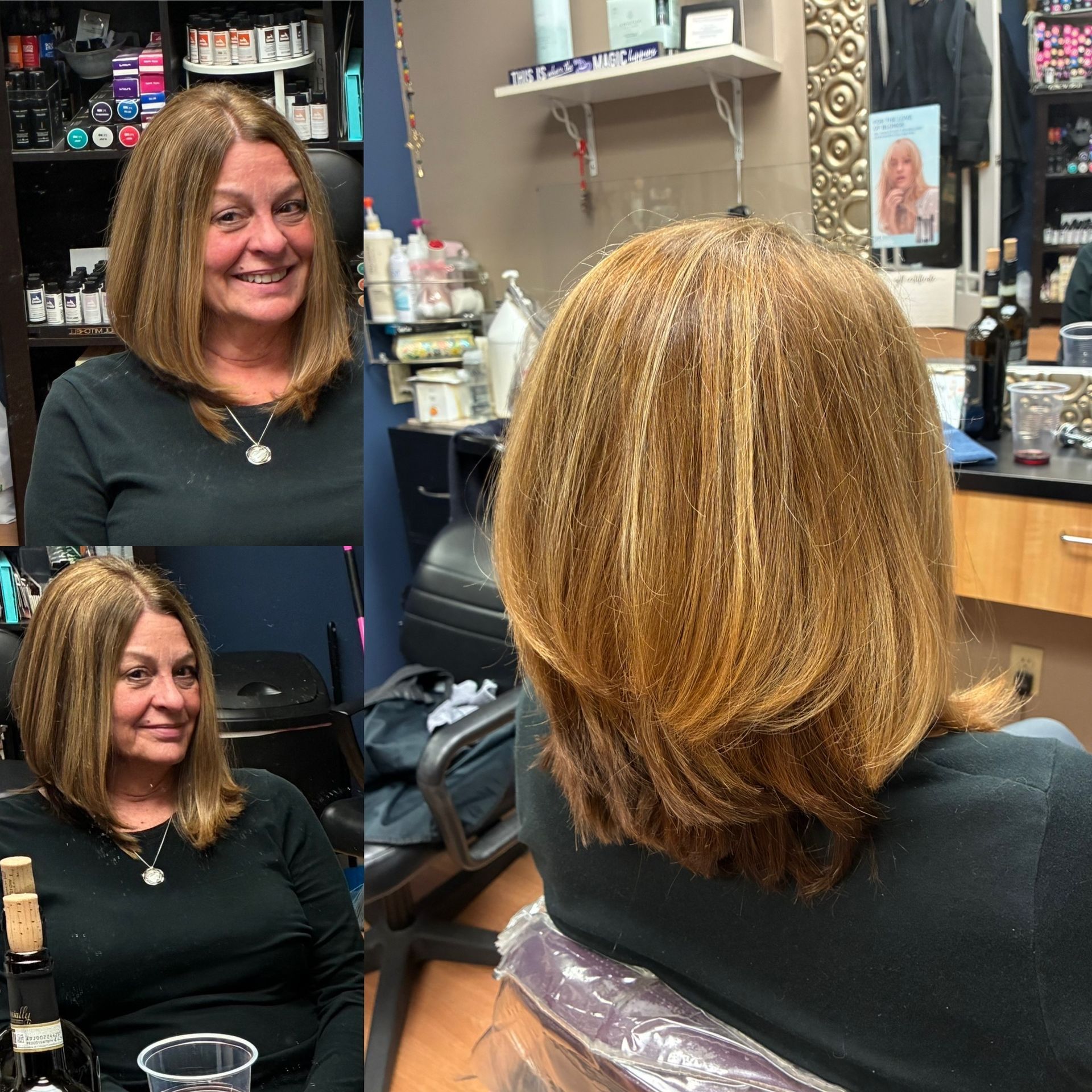 Before-and-after salon photos of a smiling person with shoulder-length blonde hair and a layered haircut.