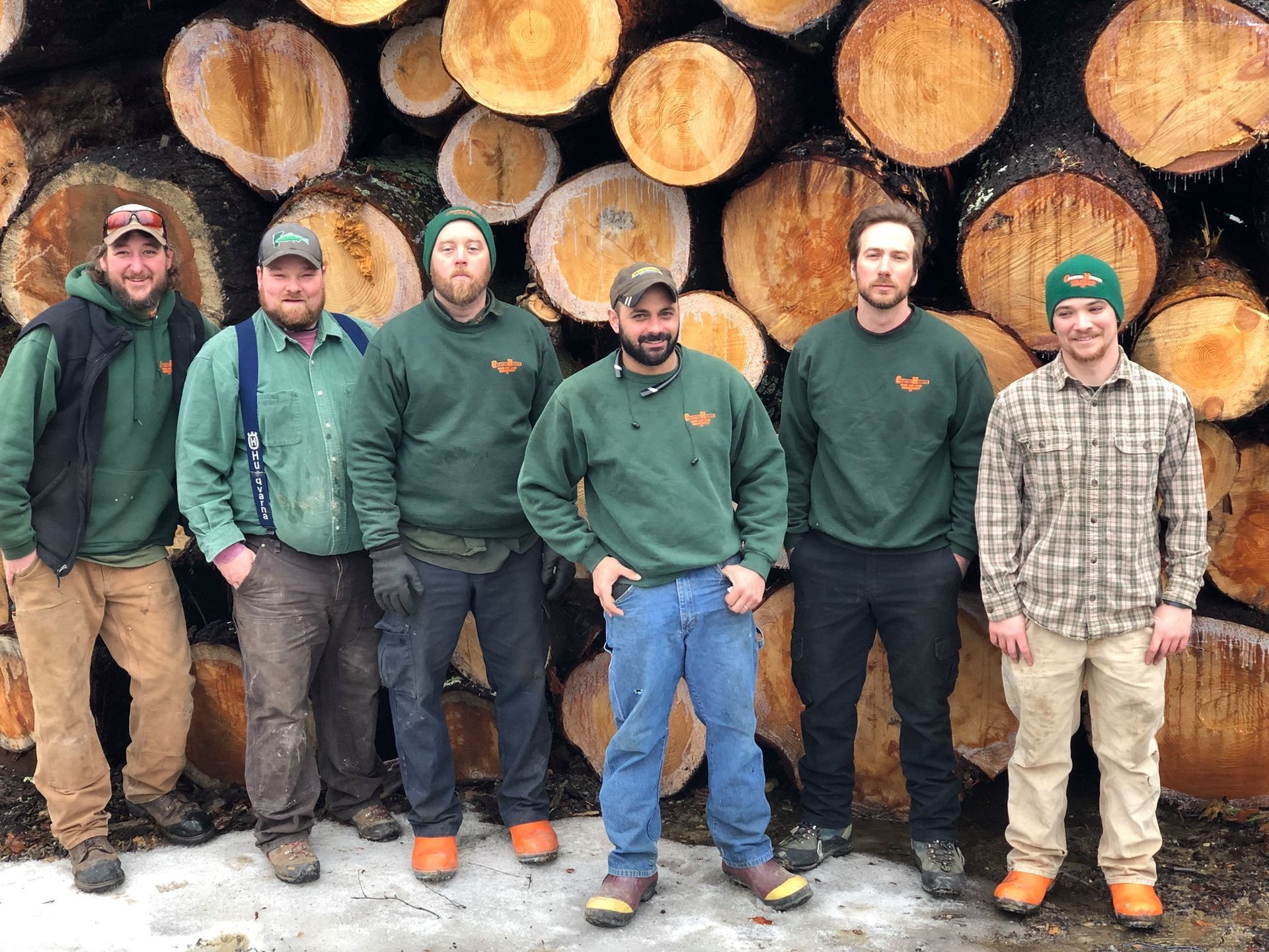 Six people stand in front of a pile of logs. Men wearing green shirts and hats, one in overalls, and another in plaid.