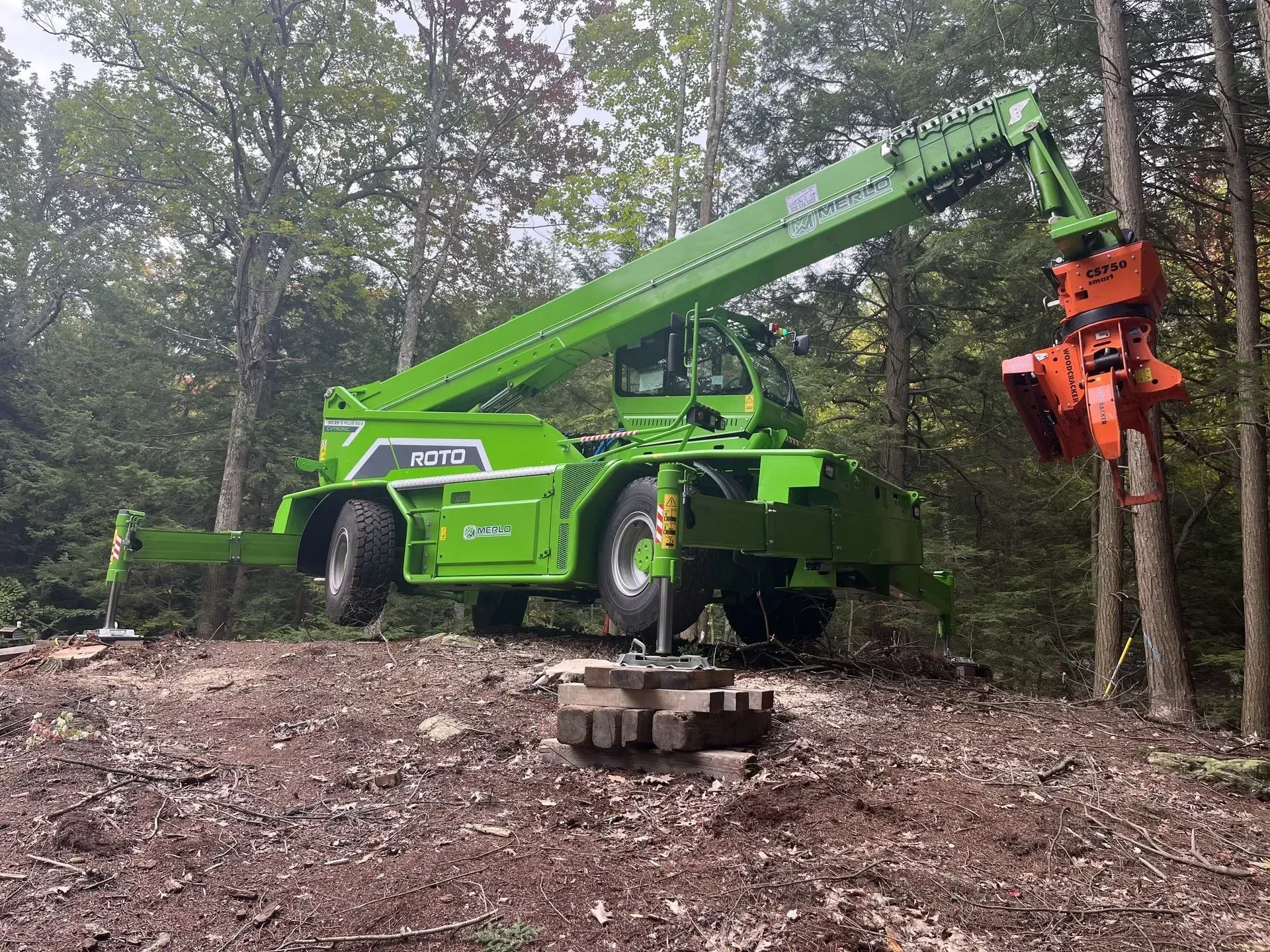 Green tree-cutting machine in a forest, with extended arm and cutting head, stabilizing legs deployed.