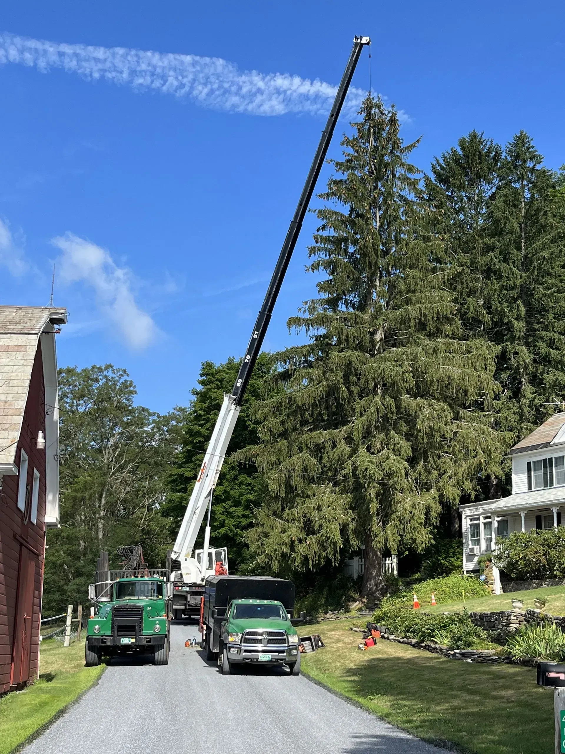 A green crane truck with a raised boom parked on a gravel driveway between a house and a large tree under a blue sky.