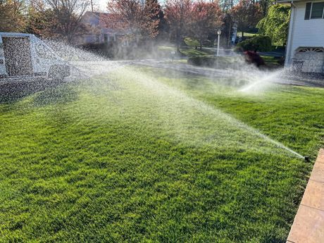 A sprinkler is spraying water on a lush green lawn.