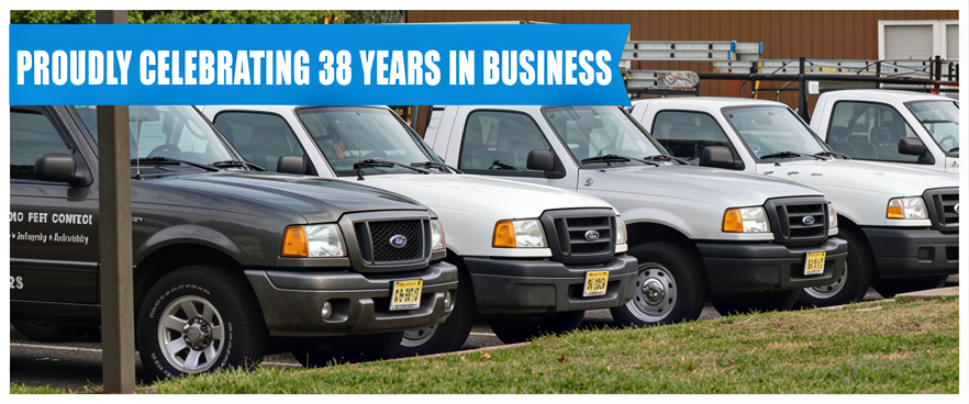 Fleet of parked work trucks with a banner reading, “Proudly Celebrating 38 Years in Business