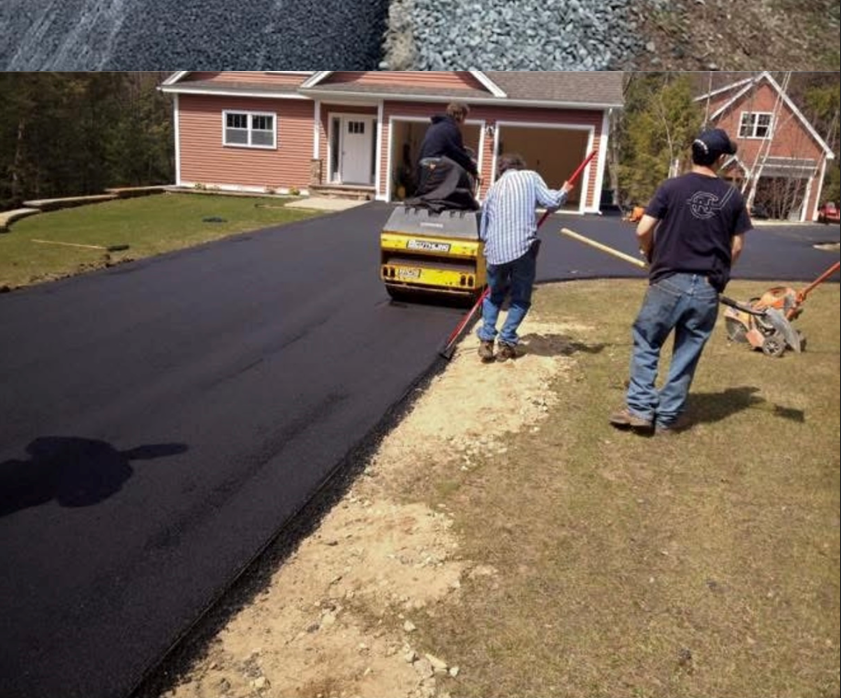 A group of men are working on a driveway in front of a house