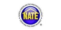 NATE logo: round blue badge with text, yellow letters 