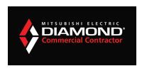 Mitsubishi Electric Diamond Commercial Contractor logo on black background. Red and white diamond graphic.