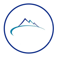 Blue mountain peaks and curved line within a blue circle.