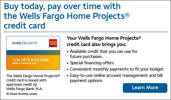 Wells Fargo Home Projects credit card advertisement: card graphic with text about benefits like financing offers.
