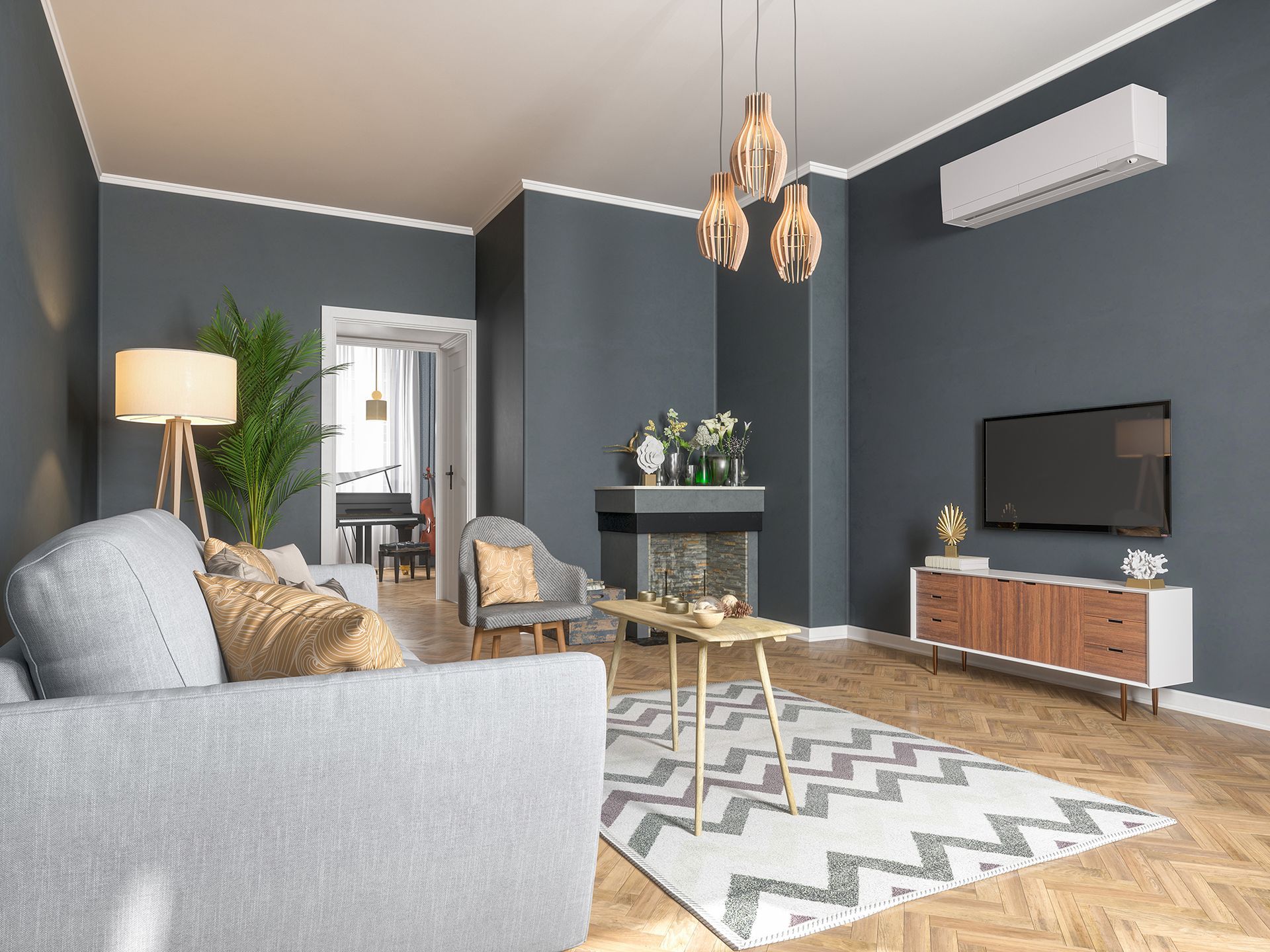 Two technicians in uniform inspect and repair an outdoor air conditioning unit installed against a residential wall.