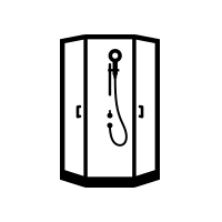 Black shower stall icon with a hanging showerhead and two doors open outward