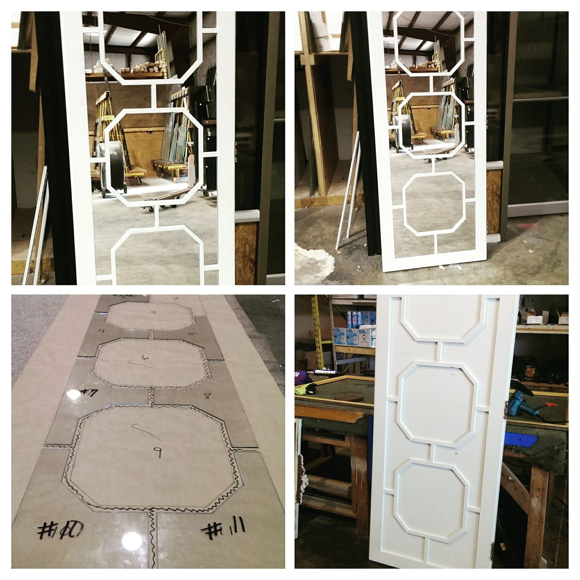 Collage of white-framed industrial fixtures and floor cutouts on a factory floor, showing templates and installed parts