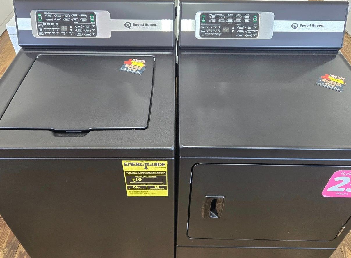 Black Speed Queen washer and dryer set with top-load washer and front-load dryer, in a store.