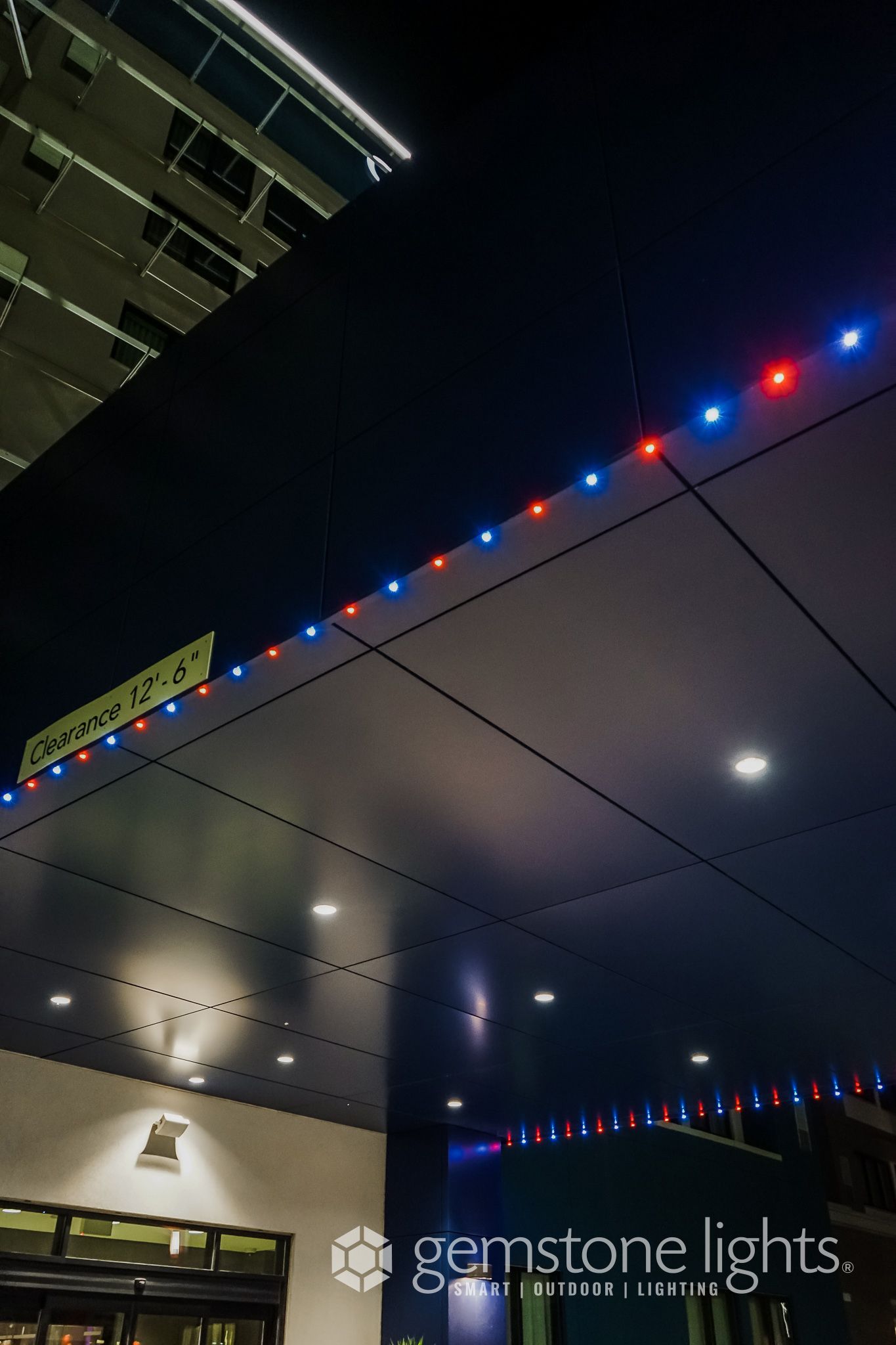 A building with red and blue lights on the ceiling