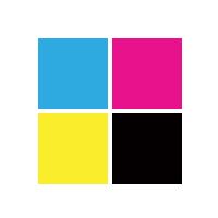 Cyan, magenta, yellow, and black squares arranged in a 2x2 grid, representing CMYK color model.