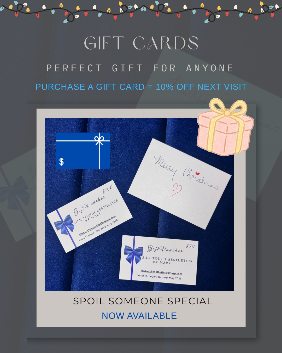 Advertisement for gift cards: blue background, gift cards, and a gift box. Text says 