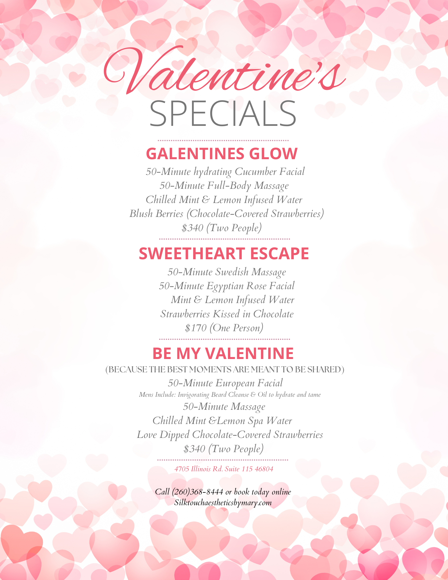 Advertisement for Valentines Day: Pink/White background.. Specials, and Text says 