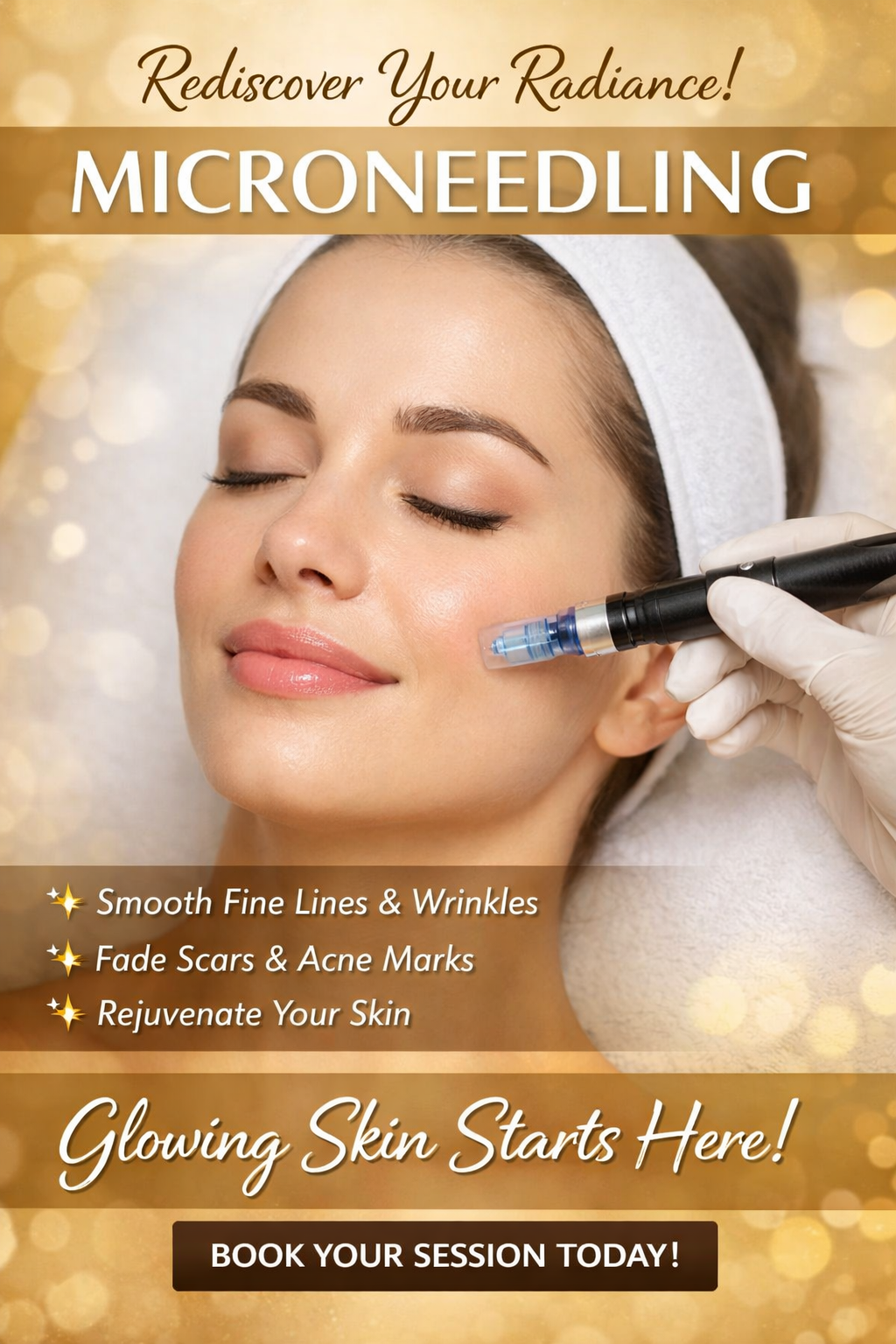 A promotional flyer for microneedling featuring someone receiving treatment on their cheek with a professional device.