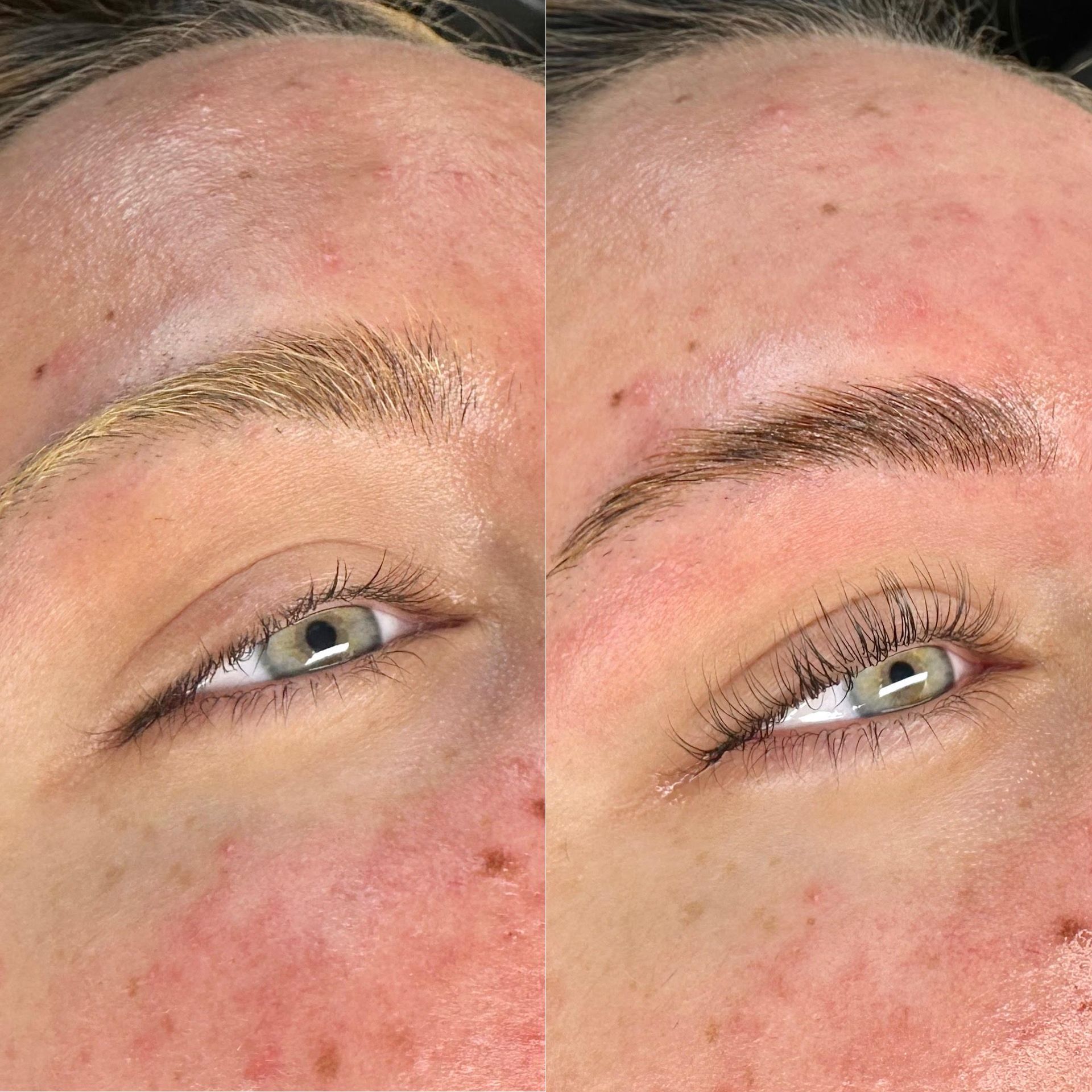 A before and after picture of a woman 's eyebrows.