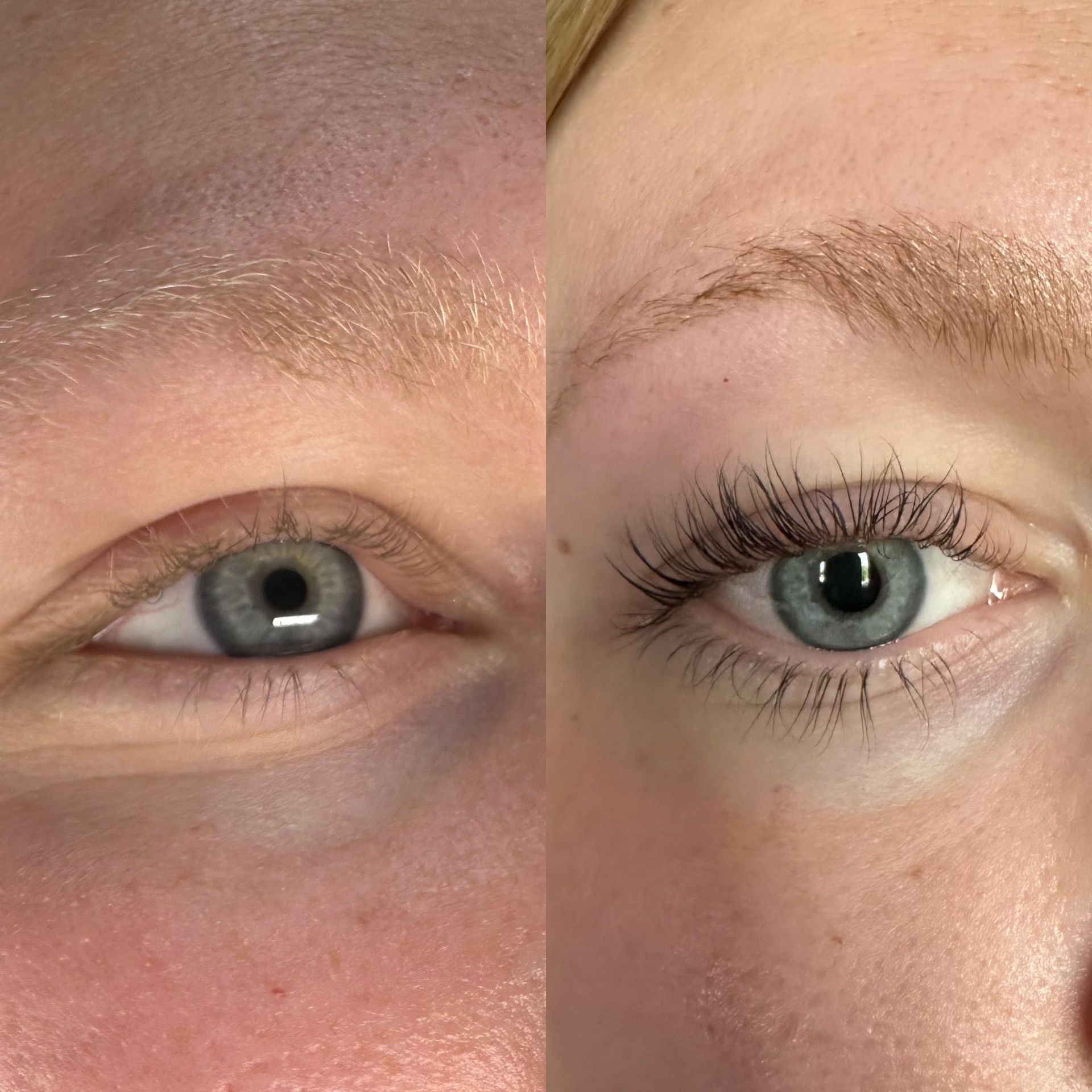 A before and after photo of a woman 's eye with and without makeup.