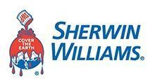 Sherwin-Williams logo: Globe covered in red paint dripping from a tilted paint can; blue text: Sherwin Williams.