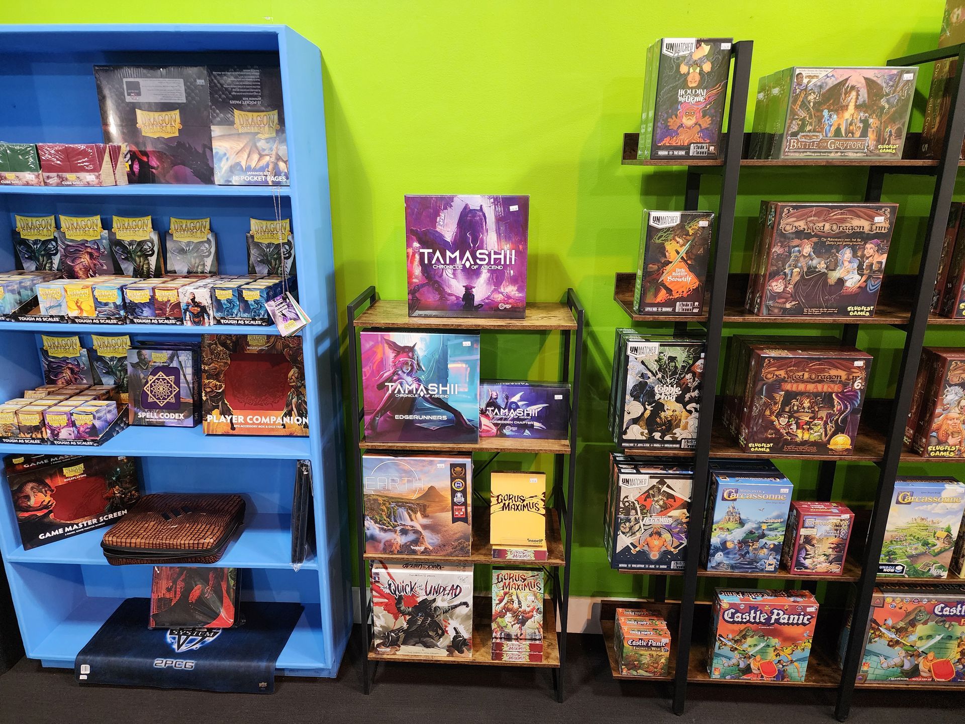 There are many different types of board games on display in this store
